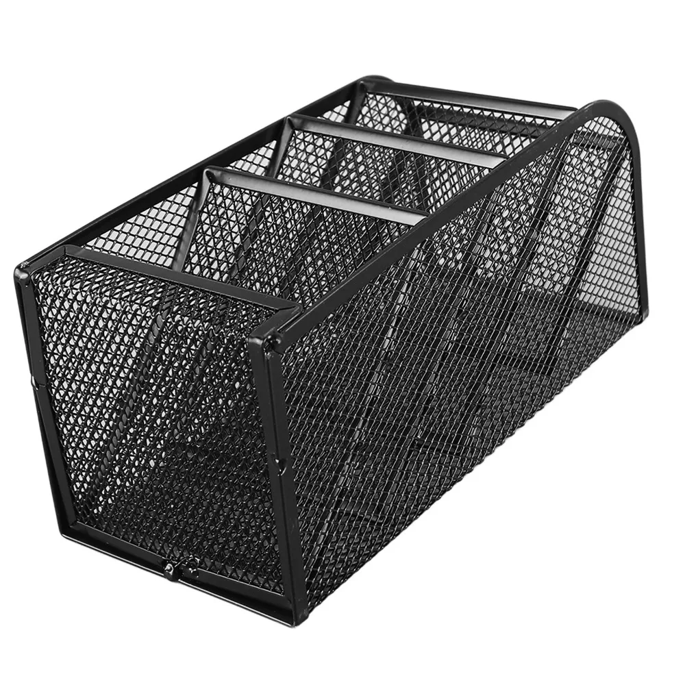 Metal Desktop Pen Holder Slant Insert Mesh Multilayer Pen Rack Compartments Black Desk Pencil Holder Desk Organization