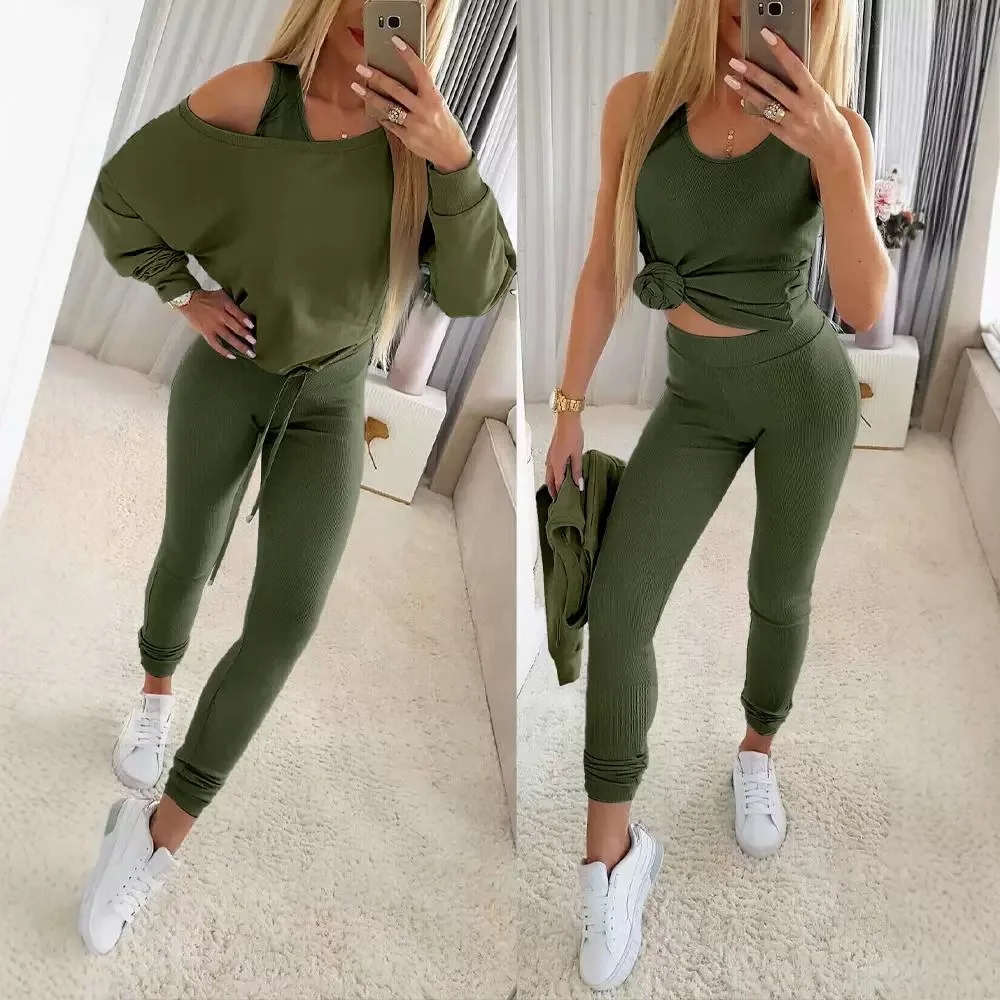 

Sexy Elegant 3 Piece Sets Woman Tank Top & Skinny Pants with Skew Neck Drawstring Hem Coats Y2k New Fashion 2024 Autumn Casual