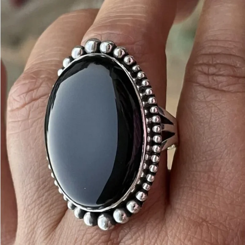 Retro Personalized New Oval Black Stone Ring for Women Men Luxury Creative Party Anniversary Birthday Jewelry Gift Accessories image 5