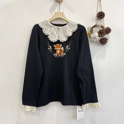 Autumn New Sweet Mori Girl Cartoon Fox Embroidery Cotton T Shirt Women Ruffles Collar Long Sleeve Casual Loose Tshirt Tops