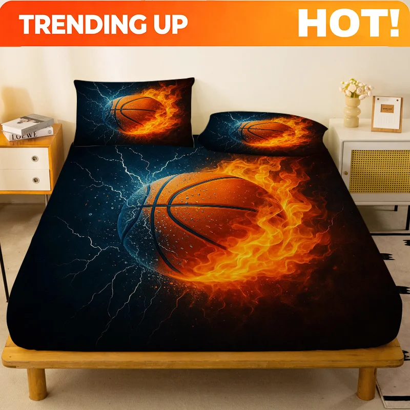 Customize A 1pc Basketball Flame Lightning Patterned Fitted Sheet, an Independent Deep Pocket Fitted Sheet Without Pillowcases,