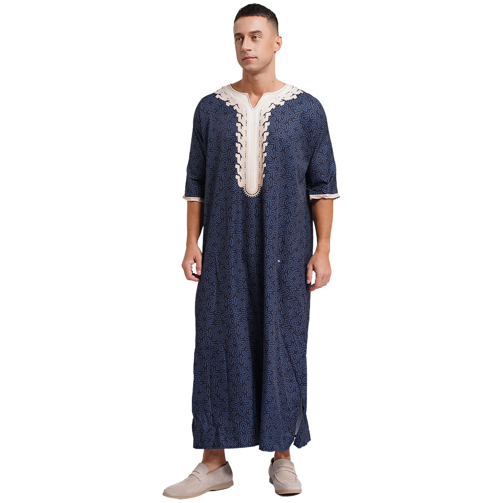 Robe estampado muçulmano islâmico masculino, roupas de cosplay gola V, manga curta, bainha de fenda, caftan solto, túnica árabe para festa, loungewear para férias