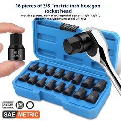 Hex Ratchet Wrench Head Auto Repair Hand Tool With Case Allen Key Socket Set 3/8 Inch Metirc Size 6 to 19mm 1/4