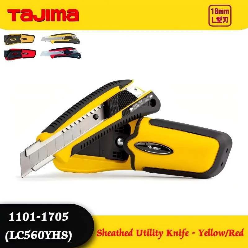 

TAJIMA 1101-1705/1706 Универсальный нож в оболочке, L-образное лезвие 18 мм — желтый/красный, с автоматической блокировкой, износостойкая эластомерная ручка LC560YHSBL