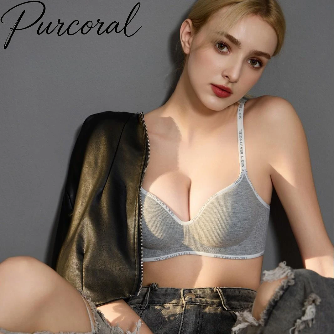 Purcoral 2026 Women Ribbed Cotton Wireless Bra Letter Print Shoulder Strap V Neck Underwire Comfort Ladies Bralette