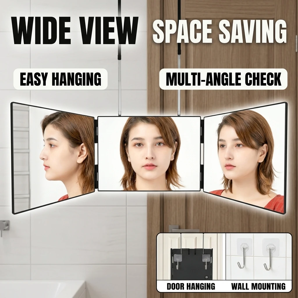 Travel Foldable Tri-Fold Vanity Mirror 360° View Height Adjustable Hanging Hook Mirror for Makeup Self Haircut Hairstyle Styling