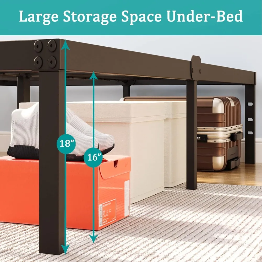 إطار سرير كوين معدني أسود مقاس 18 بوصة مع مساحة تخزين - لا يتطلب صندوق زنبركي، ودعم مرتبة غير قابل للانزلاق