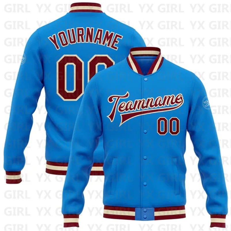 Custom Electric Blue Maroon-OR Bomber Full-Snap Varsity Letterman Jacket 3D Printed Baseball Button Jacket