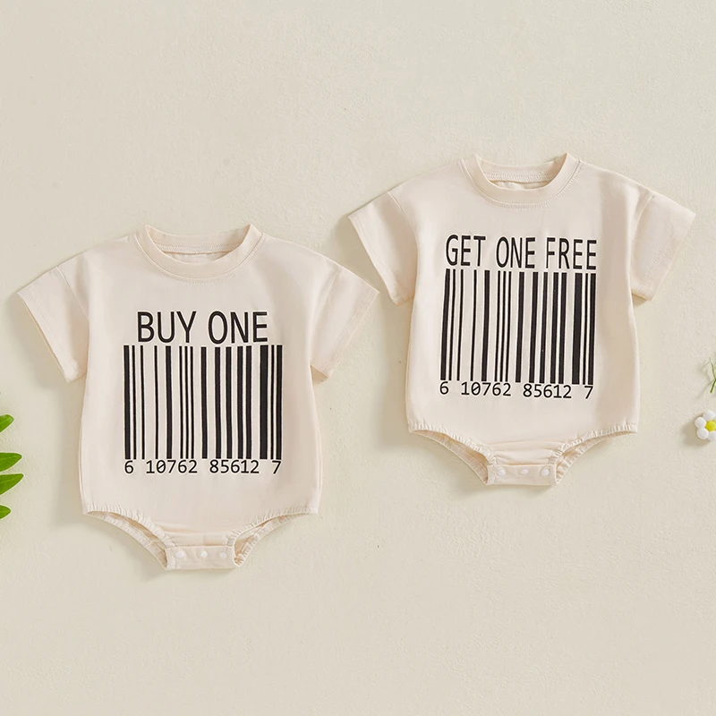 Baby Summer Romper Letter QR Code Print Short Sleeve Round Neck Jumpsuit for Boys and Girls