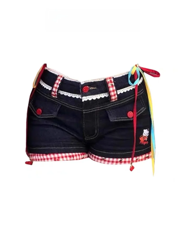 

Американский Sle Spicy Girl Knot Plaid Denim orts Женские летние дизайнерские брюки с низкой талией Slim Fit Body Heat Pants
