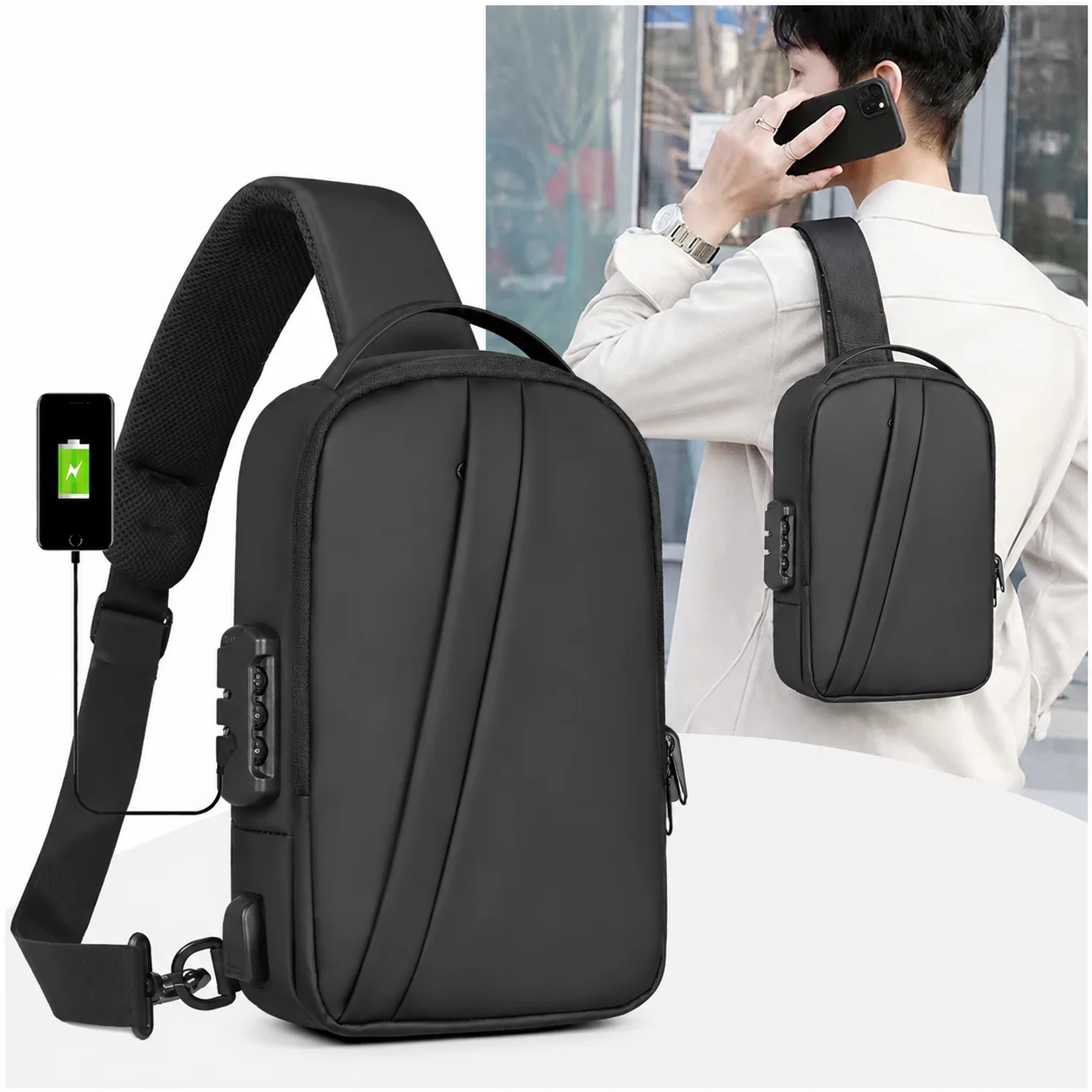 

Anti-theft Combination Lock Chest Packs With USB Charging Port Fashion Business Men's Crossbody Bag Travel Storage Shoulder Bag