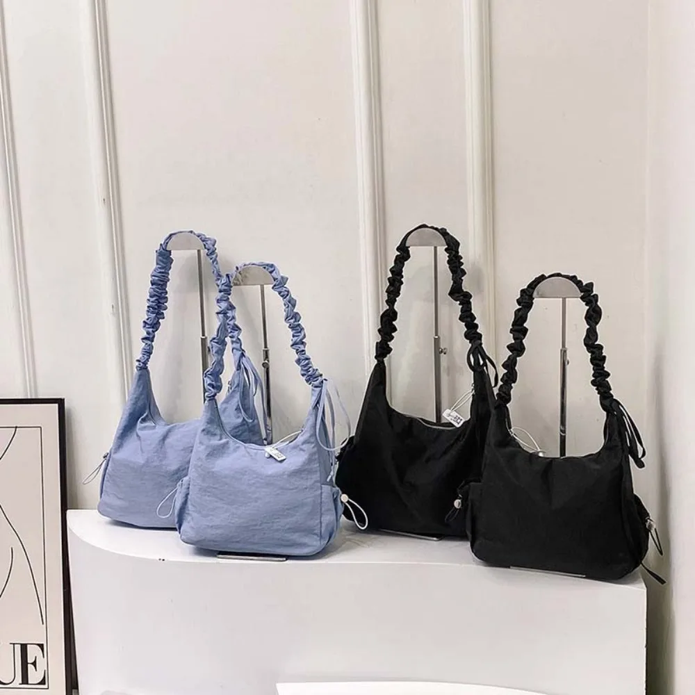 Nylon Drawstring Shoulder Bag Zipper Solid Color Pleated Straps Handbag Soft Large Capacity Cloth Crossbody Bag School