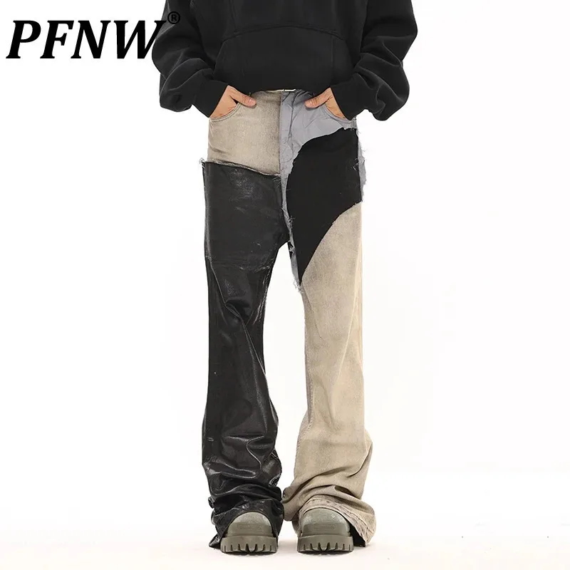 

PFNW High Street Men's Denim Pants Patchwork PU Leather Waxed Flared Trousers Straight Leg Contrast Color Male Jeans New 12C1013