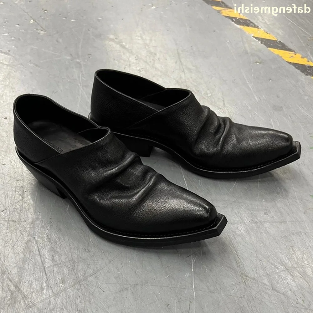 Retro Pleated Pointed Womens Loafers Thick Heel Slip On Black Leather Men/women Leather Shoes Genuine Leather Flats Casual Shoes