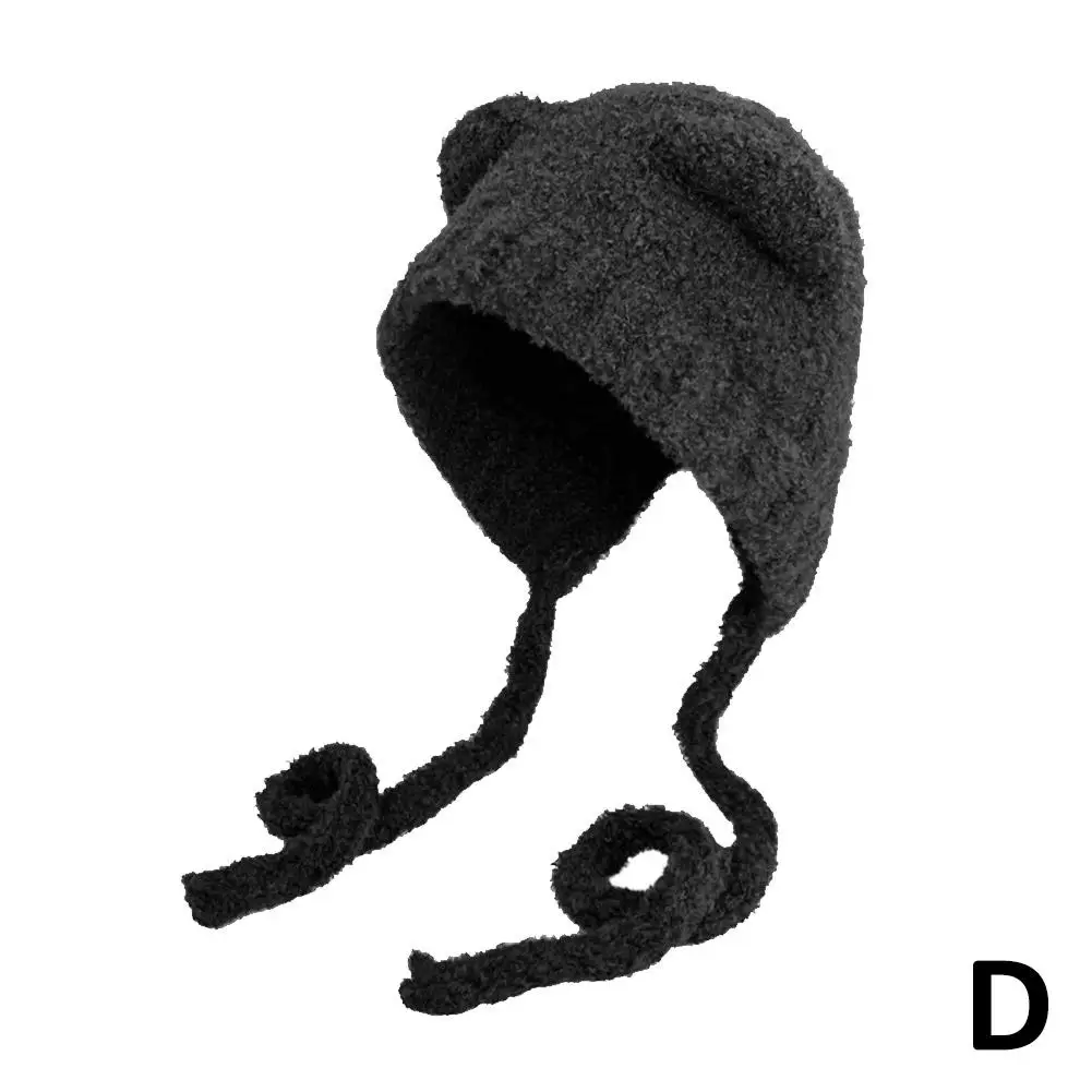 Winter Plush Beanies Cute Bear Ear Wool Hat Warm Lace-up Knitted Cap Bomber Women Knitting Korea Gorros Ear Bonn Y3a7