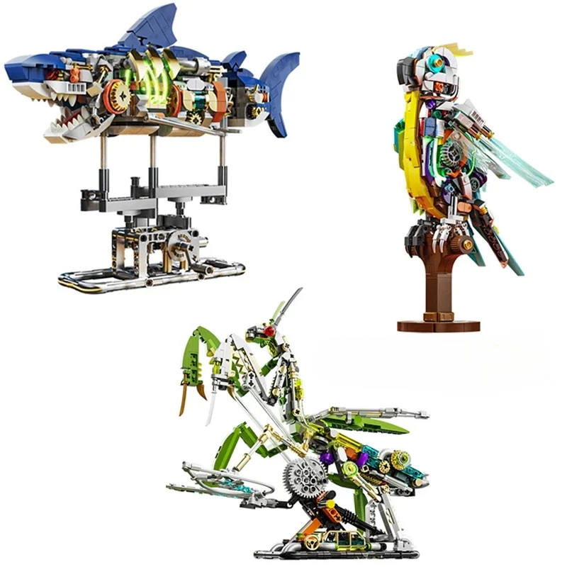 Technical Mechanical Shark Parrot Mantis Insect Sea Animal Life Set Light Building Blocks Bricks Model Assembly Toy For Kid Gift