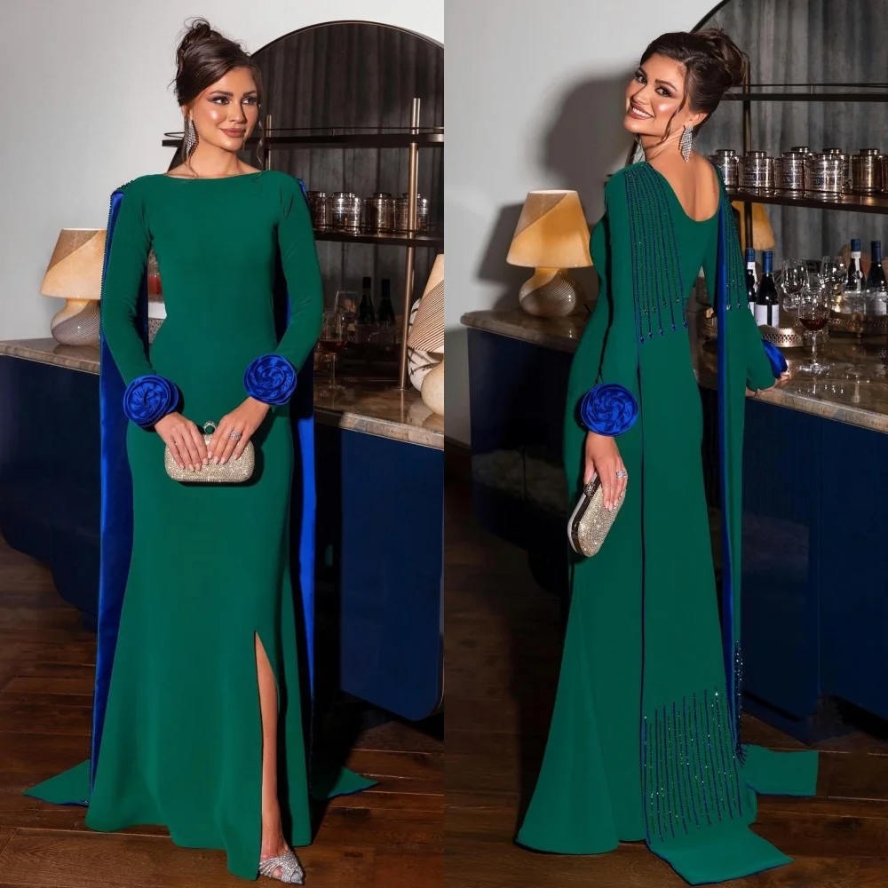 Pastrol personalizzato Jersey di alta qualità Fiore fatto a mano Perline Sirena con paillettes Scollo rotondo Abiti lunghi Abiti da cerimonia su misura