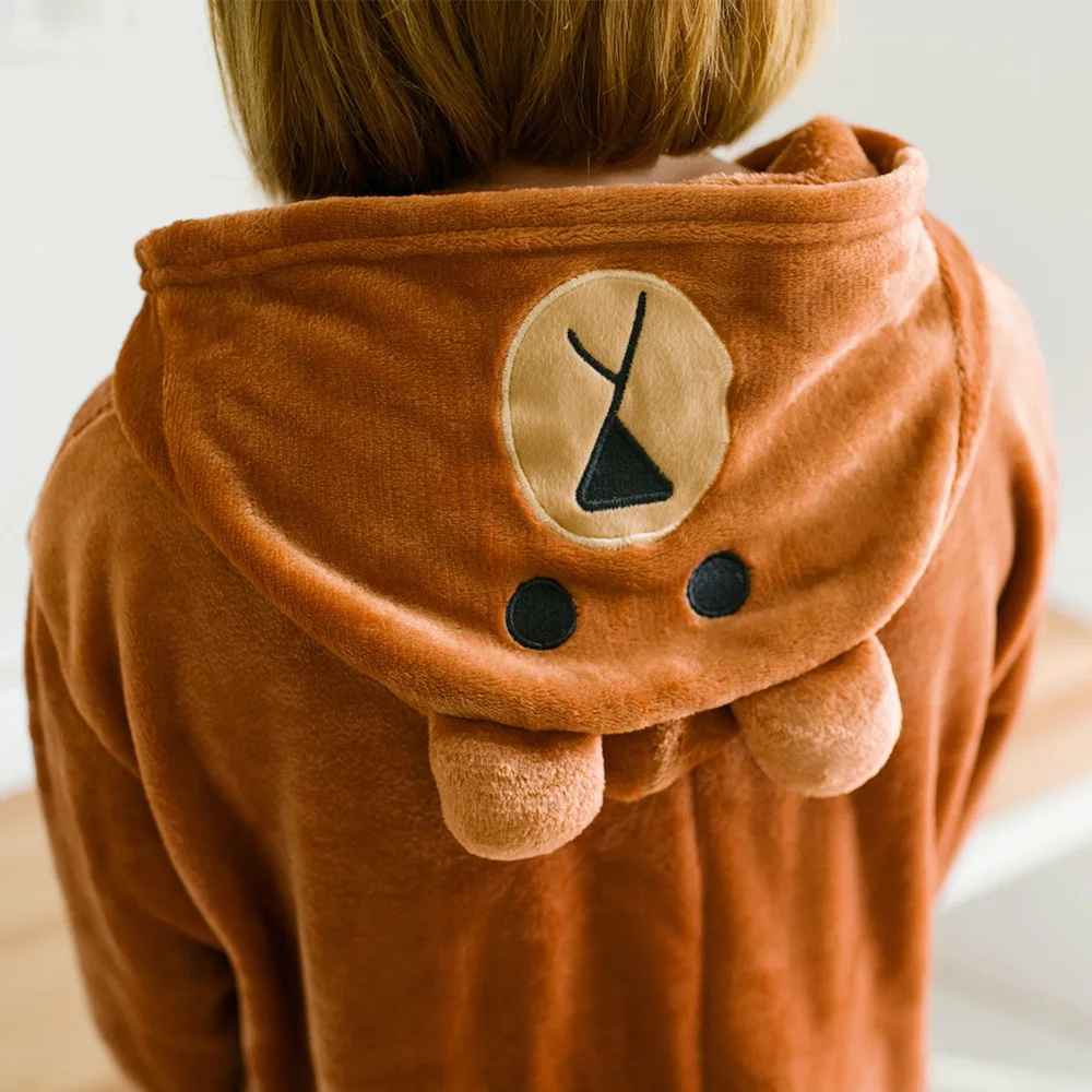 Lovely Brown Sloth Bear Button Onesie Couple Sleepwear Hooded Flannel One-piece pajamas Comfortable Leisure wear Women