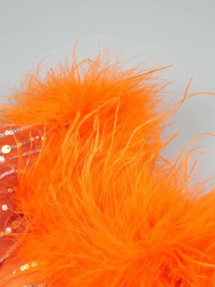 Party Evening Off Shoulder Mesh Sequins Feather Maxi Long Orange Bodycon Dress Elegant  Ball Gowns
