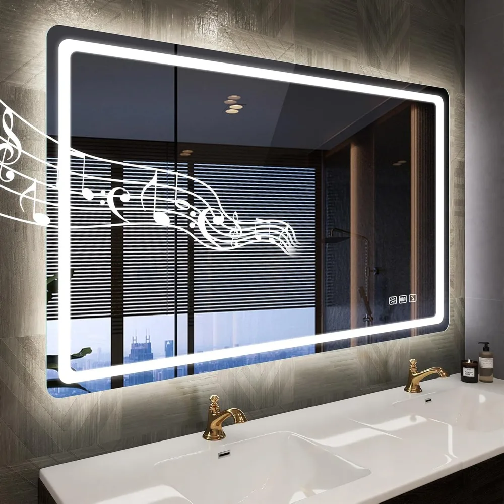 

Led-Bathroom-Mirror-with-Lights, 40"x28" Wall-Mounted with 3 Colors Dimmable Light, Bluetooth Speaker, Anti-Fog, Memory, Tempere