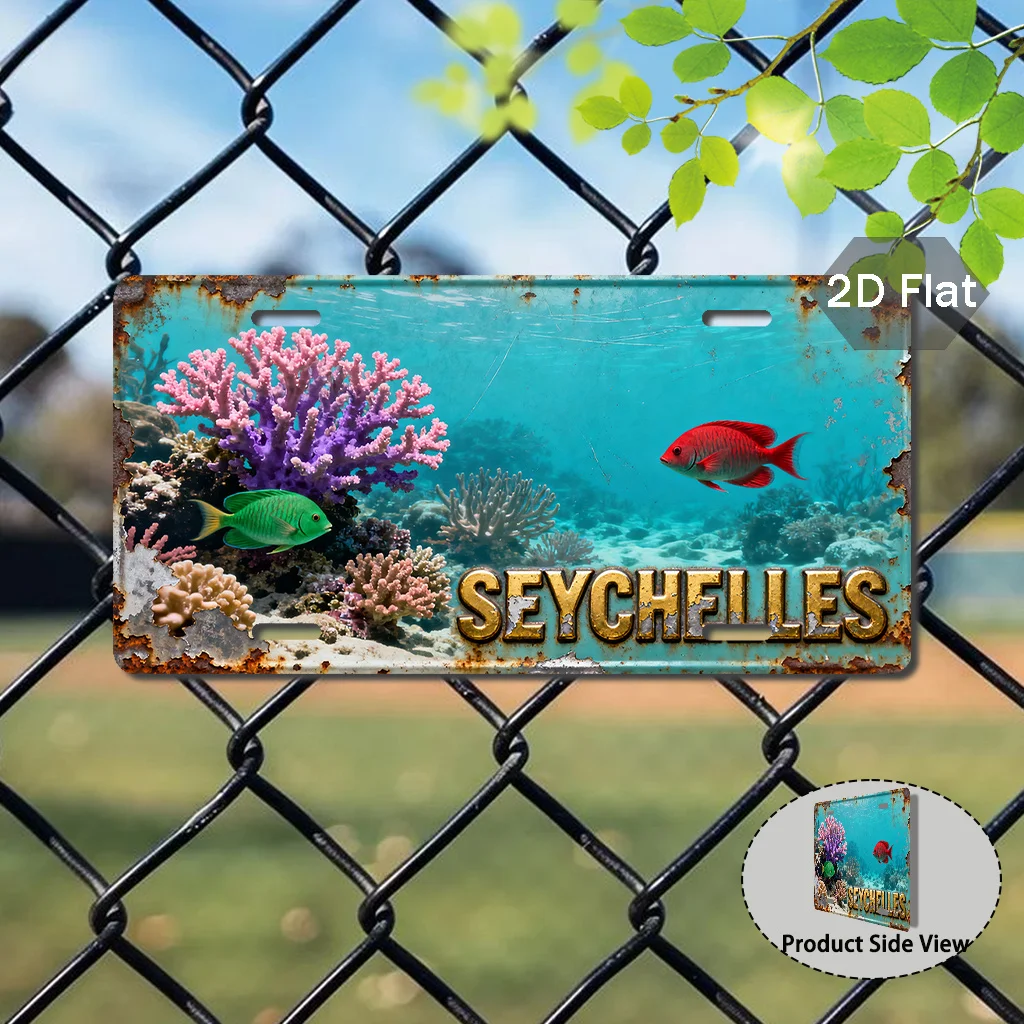 2D Flat, Seychelles Underwater Coral License Plate- Vintage Ocean Theme Seychelles Flag Design,Nemo Style Fish and Coral Reef