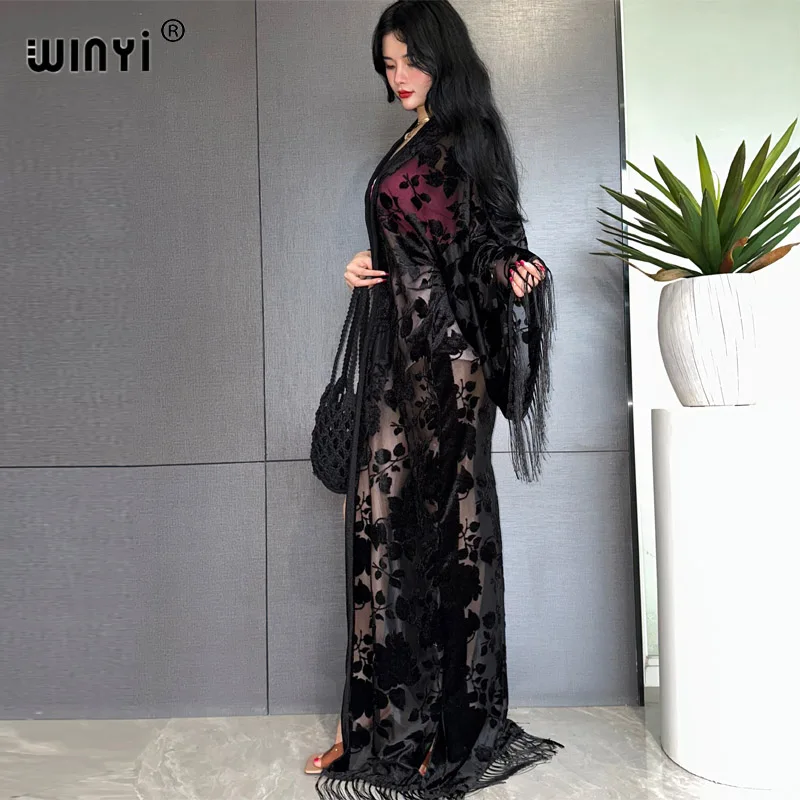 WINYI medio oriente cappotto moda musulmana caftano kimono maxi abiti Streetwear aperto Abaya prospettiva elegante vestito copricostume da spiaggia