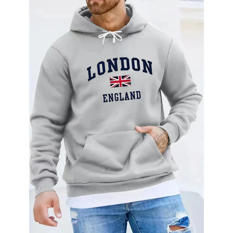 Men's autumn and winter casual fashionable loose hooded sweatshirt London England printed long sleeved warm pullover