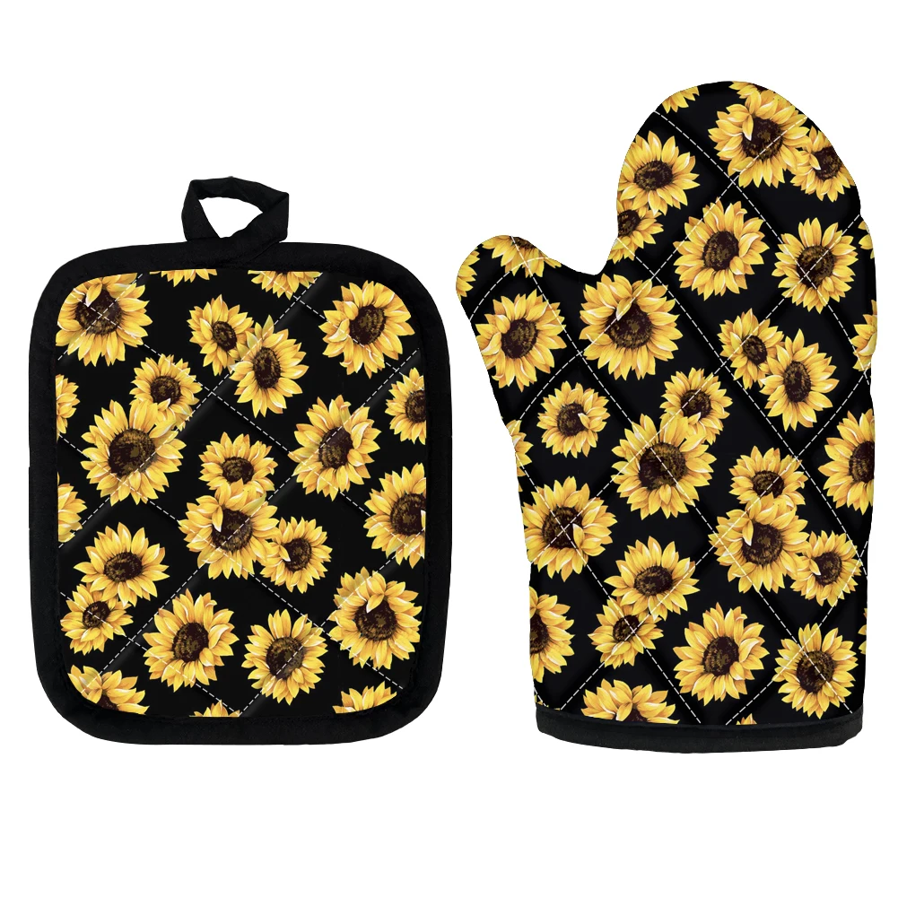 BBQ Gloves Heat Resistant Cute Sunflower 3D Print Non-Slip Microwave Oven Mitten And Pad Mitt Potholder Oven Gloves Kitchen Set