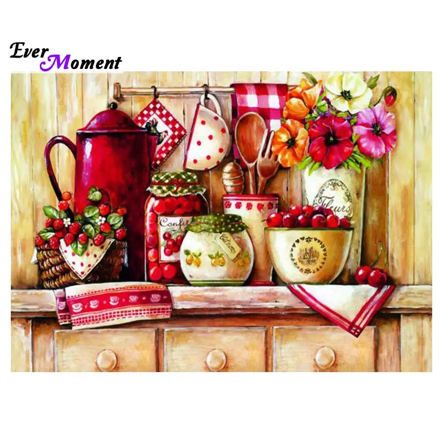 Kitchen Corner with Tableware Cherry Diy Gift diamond Painting 5D Diamond Embroidery Mosaic Kit Needlework for Home Decor ASF591