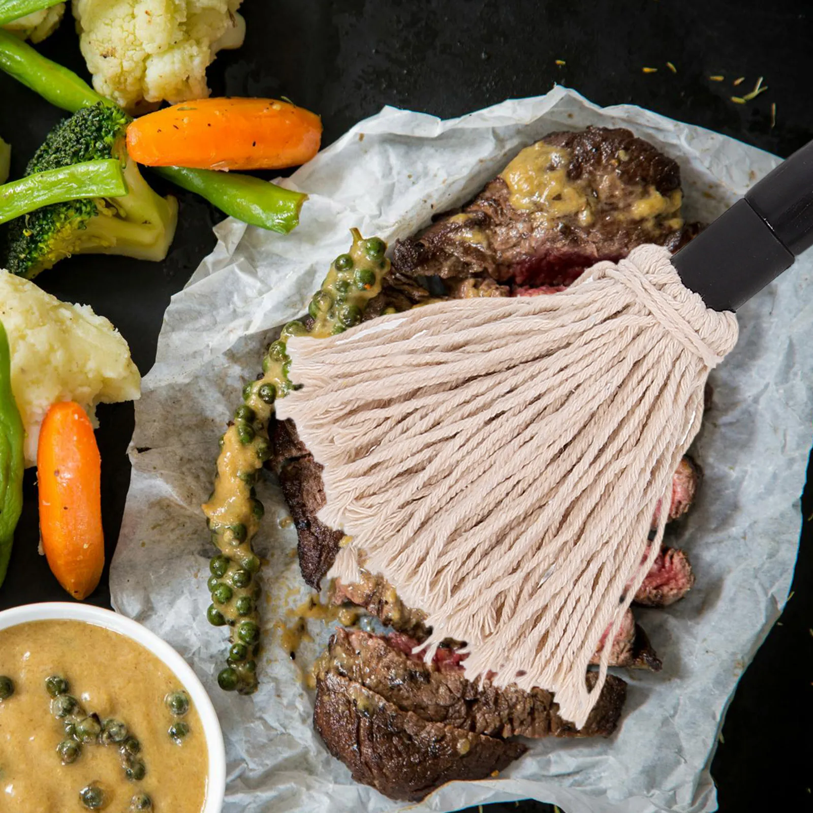 1 Juego de fregona reutilizable para barbacoa con mango de madera, cepillo para salsa de barbacoa de algodón para asar aceite, marinar pechuga, costillas de pollo