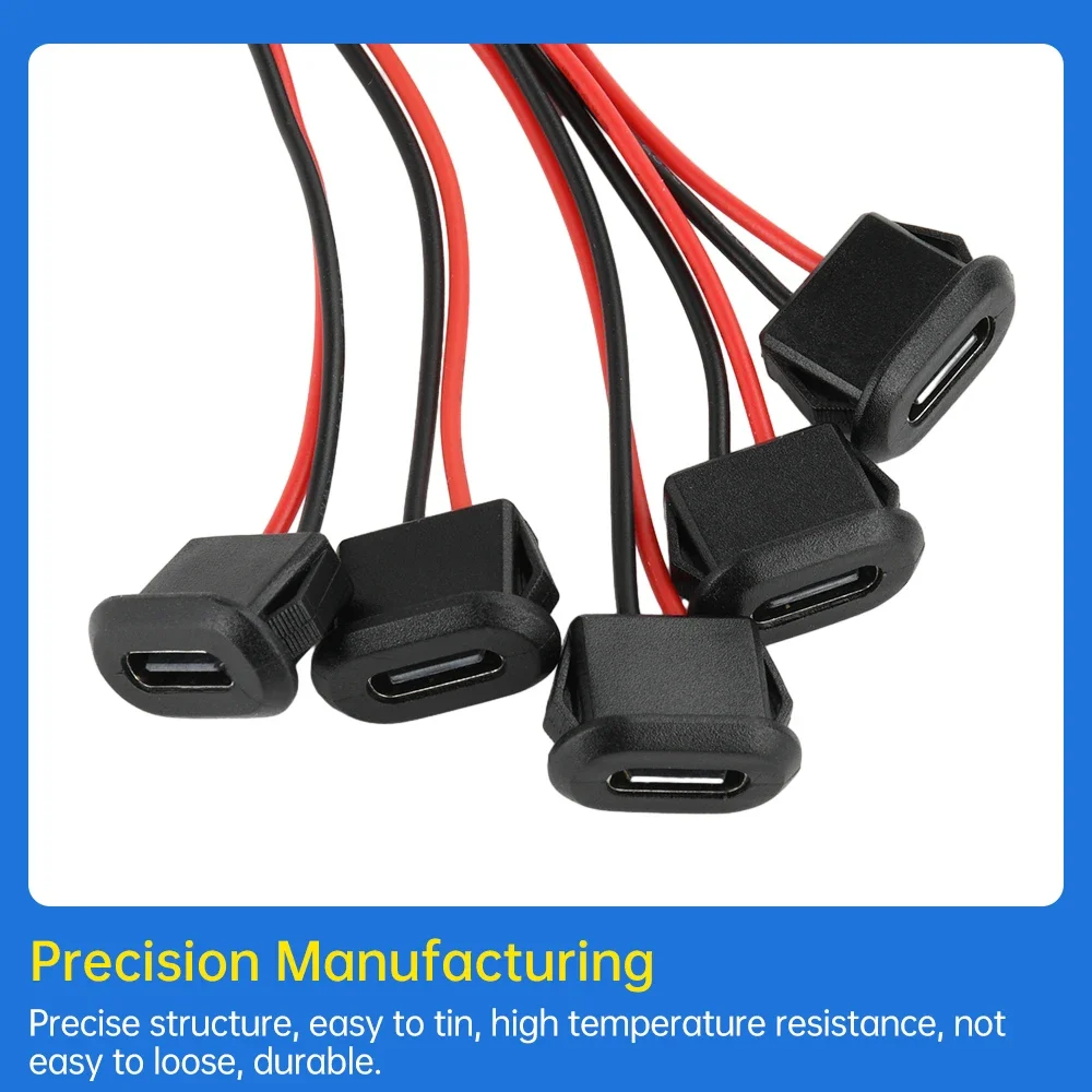 

5pcs Type-C Female Chassis Waterproof 2P Wire Type USB Cable Extension Power Cable USB-C Plug to 2 Pin Bare Wire Power Supply