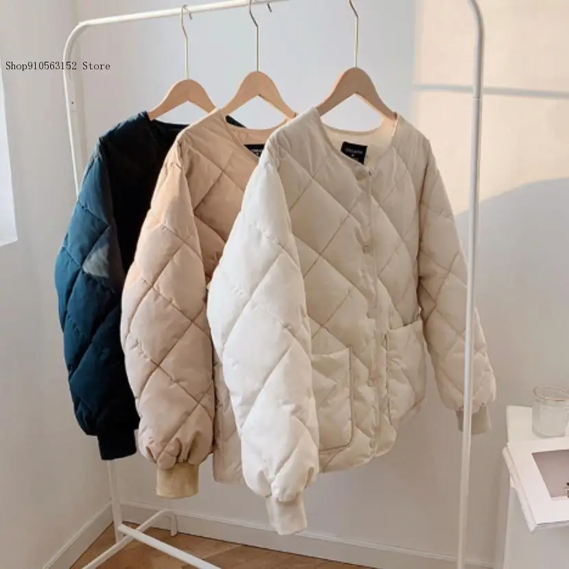 Autumn and Winter Thin Solid Color Loose Round Necked Bread Cotton Jacket Woman Student