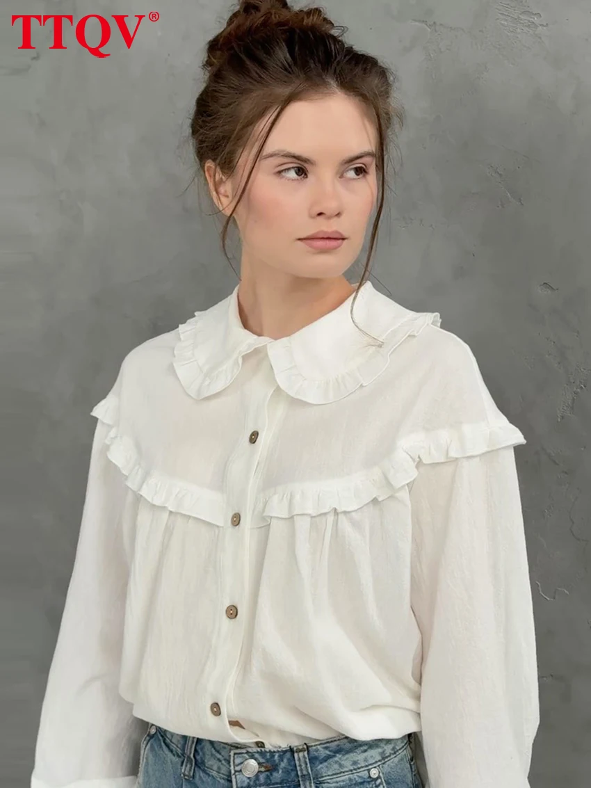 

TTQV Fashion Loose White Cotton Women's Shirt 2026 Casual Lapel Long Sleeve Blouse Elegant Cassic Ruffles Top Female Clothing