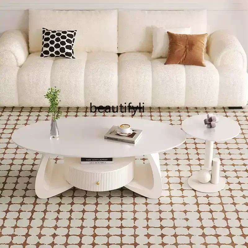 Italian simple cream style oval rock slab coffee table household living room small apartment new high-end combination