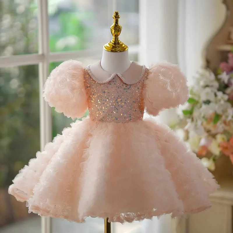 Children's 1st birthday Party Dresses pink petal Pearl embroidery sweet Baby Girl's wedding ball evening princess tutu dress