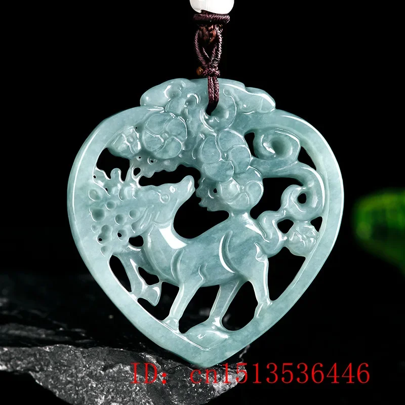 Natural AAA Myanmar Emerald Hollow Love Sika Deer Pendant Necklace Charm Jadeite Jewellery Fashion Lucky Man Woman Amulet Gifts