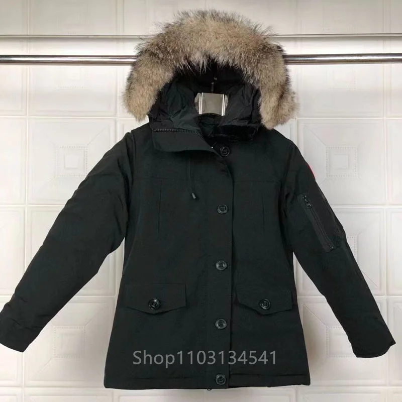 Real Coyote Fur Winter Womens Canadian CG Montebellos Parka Goose Down Jackets Outwear Coat Windproof Pockets Button Style