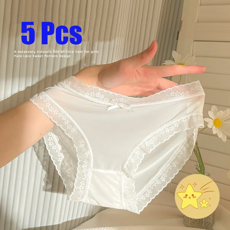 Image of 5 Stück Damen-Slips aus Spitze, Eisseide, nahtlos, weicher, hautfreundlicher Baumwoll-Zwickel, sexy, atmungsaktive, dünne Slips mit mittlerer Taille