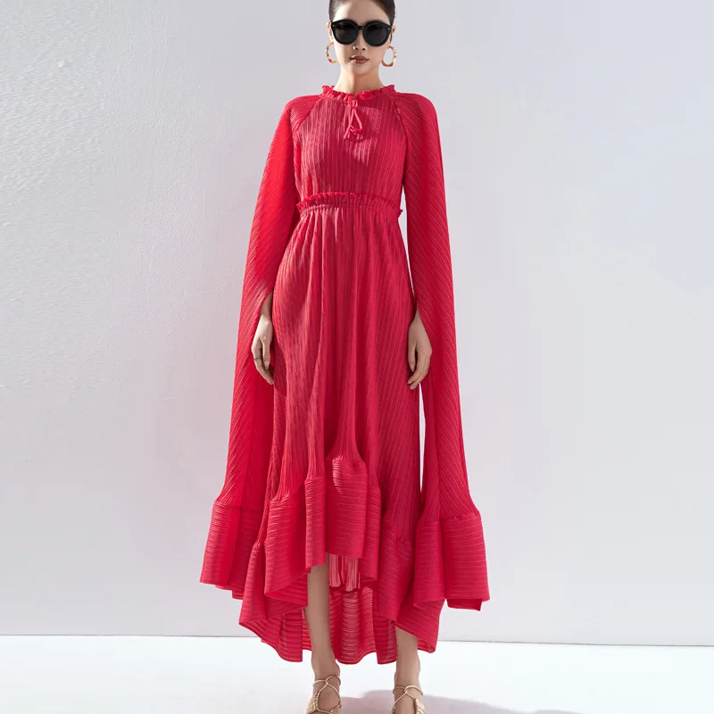 

Women's dresses Miyake Pleated Fashion design plus-size ruffled collar cape type irregular dress