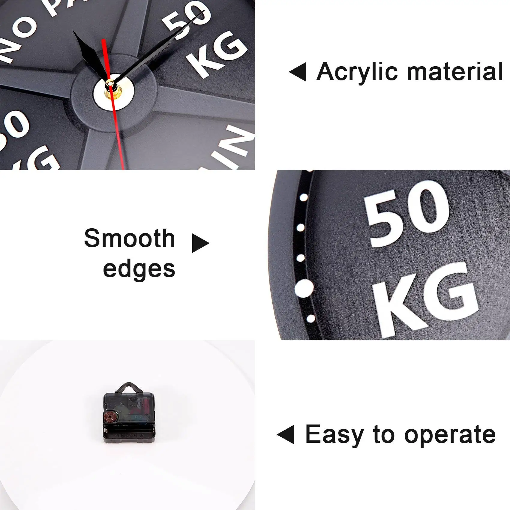 ALIM-Strongman 50KG Creative Print Wall Clock Circular Gym Weight Lifting Dumbbell Bodybuilding Silent Acrylic Clock