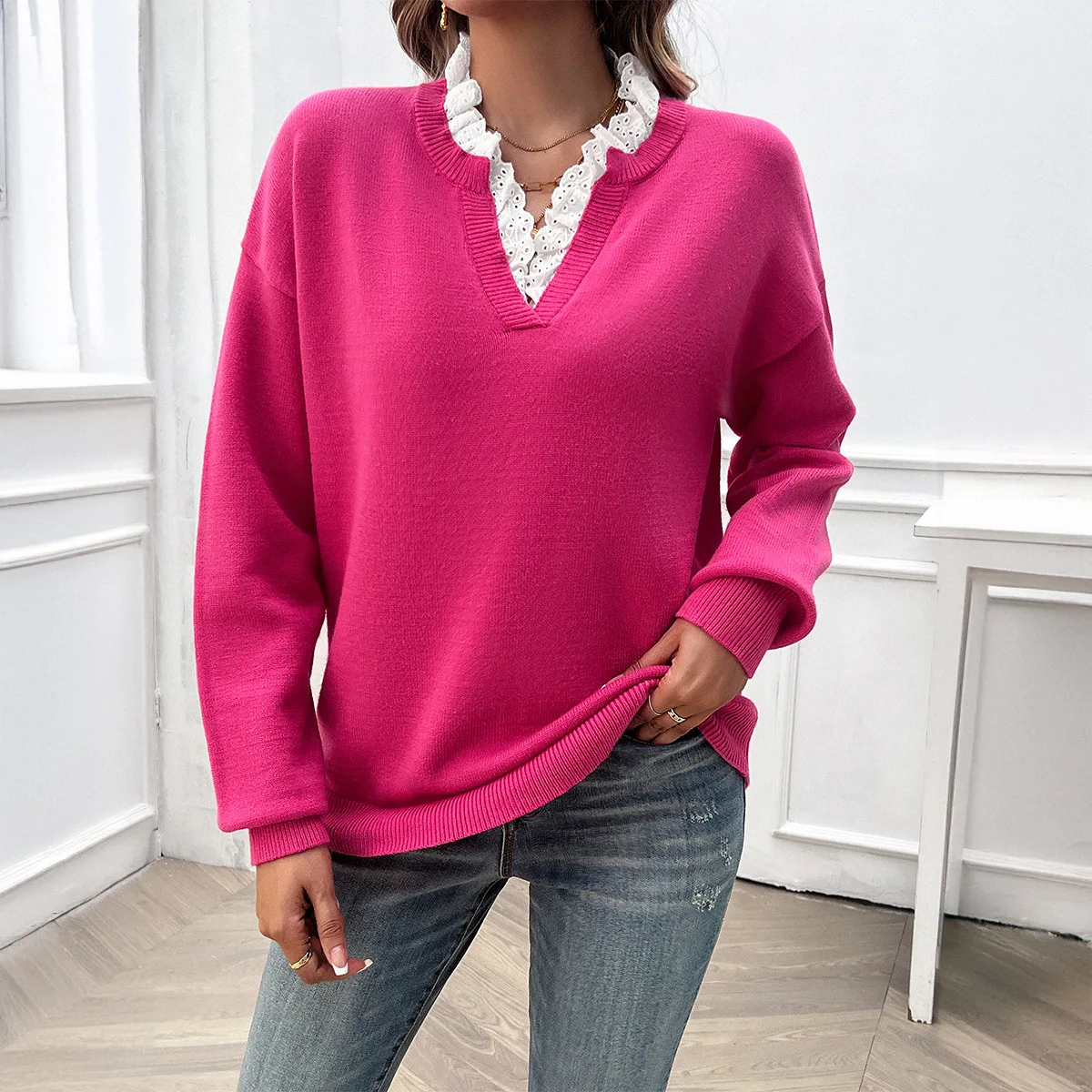 2024 Women's Tops Female Clothing Top Pullovers Autumn and Winter Women's Loose Lace V-neck Top Sweater