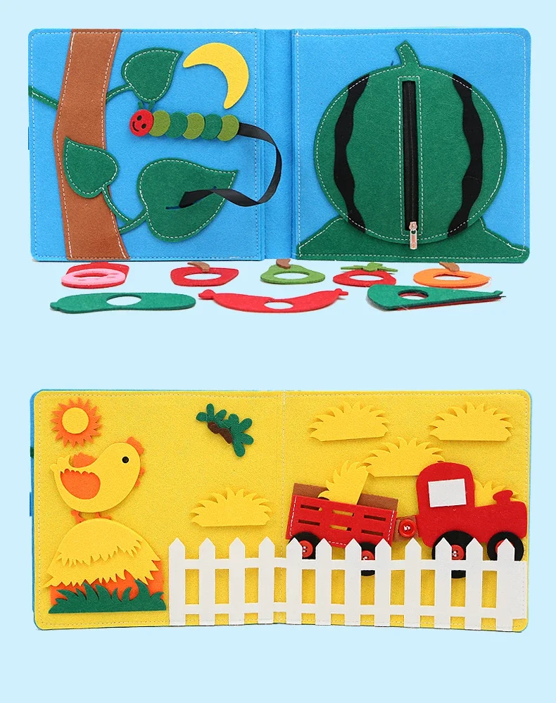 Jouet sensoriel éducatif Montessori pour tout-petits, planche occupée, livre silencieux en feutre avec scène d'animaux de ferme, activité de conte pour garçons et filles
