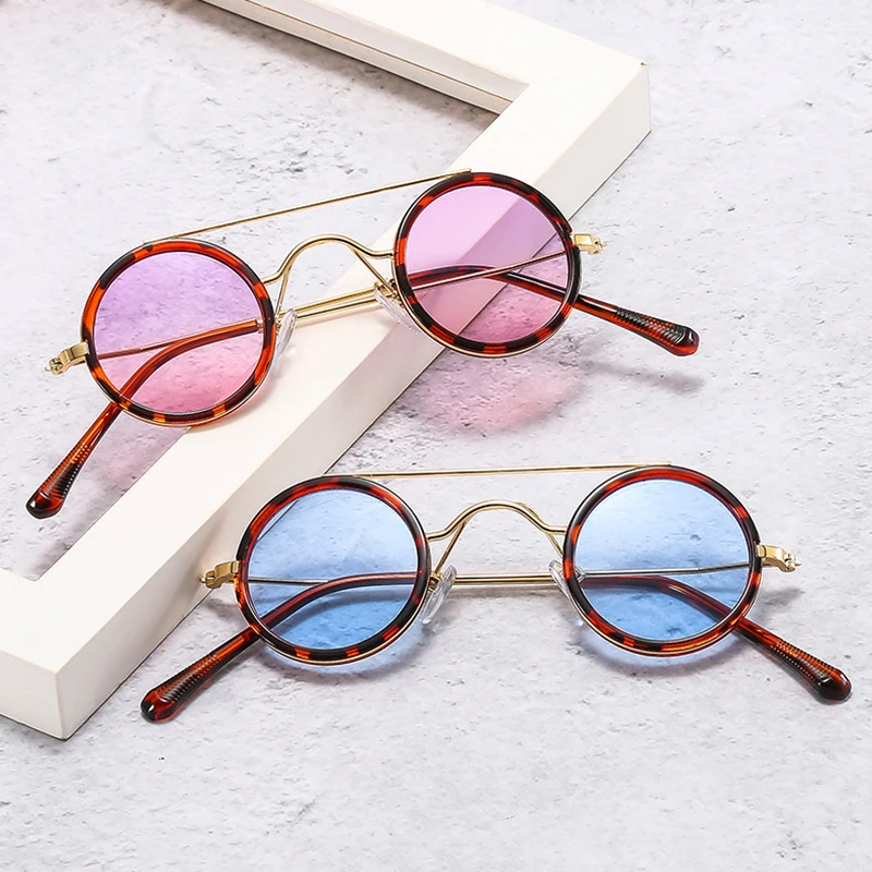SO&EI Ins Popular Fashion Small Round Sunglasses Women Vintage Metal Punk Eyewear Men Clear Ocean Lens Shades UV400 Sun Glasses