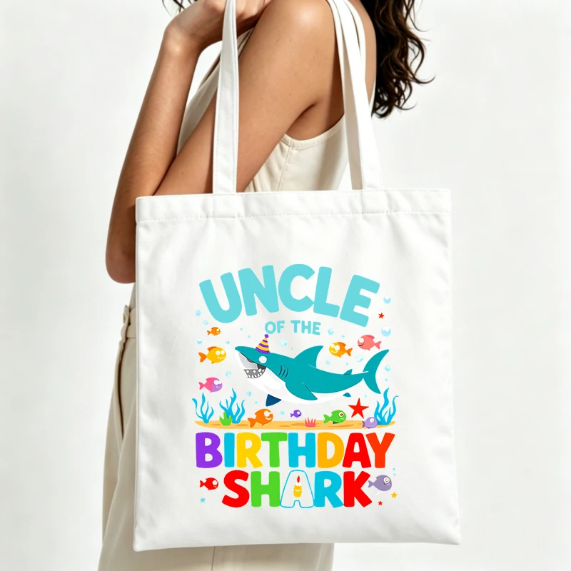 Uncle's canvas tote bag with shark and fish graphic, casual style for birthday celebrations and daily use