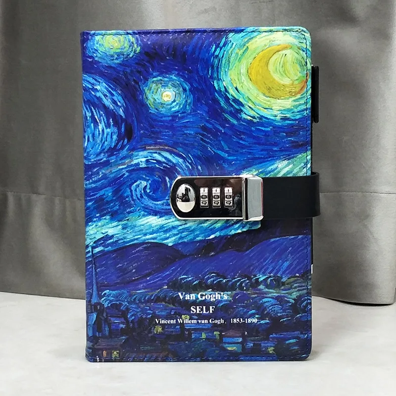 A5 Code Notebook Van Gogh Art Oil Painting PU Cover Diary with Lock 260 Pages 100g Writing Notepad School Office Stationery Gift