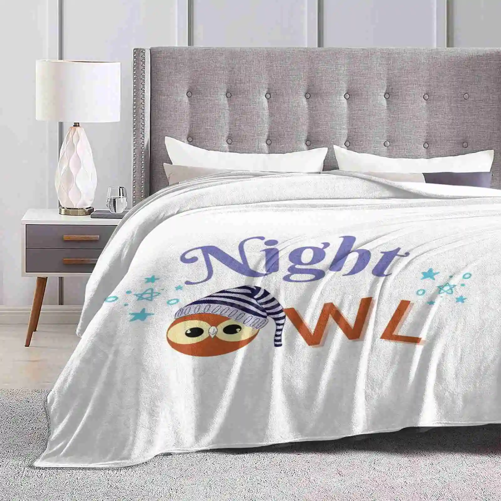 I'M A Night Owl Best Selling Room Household Flannel Blanket Owl Night Lover Bird Vigils Stars Animal Lovers Word Design