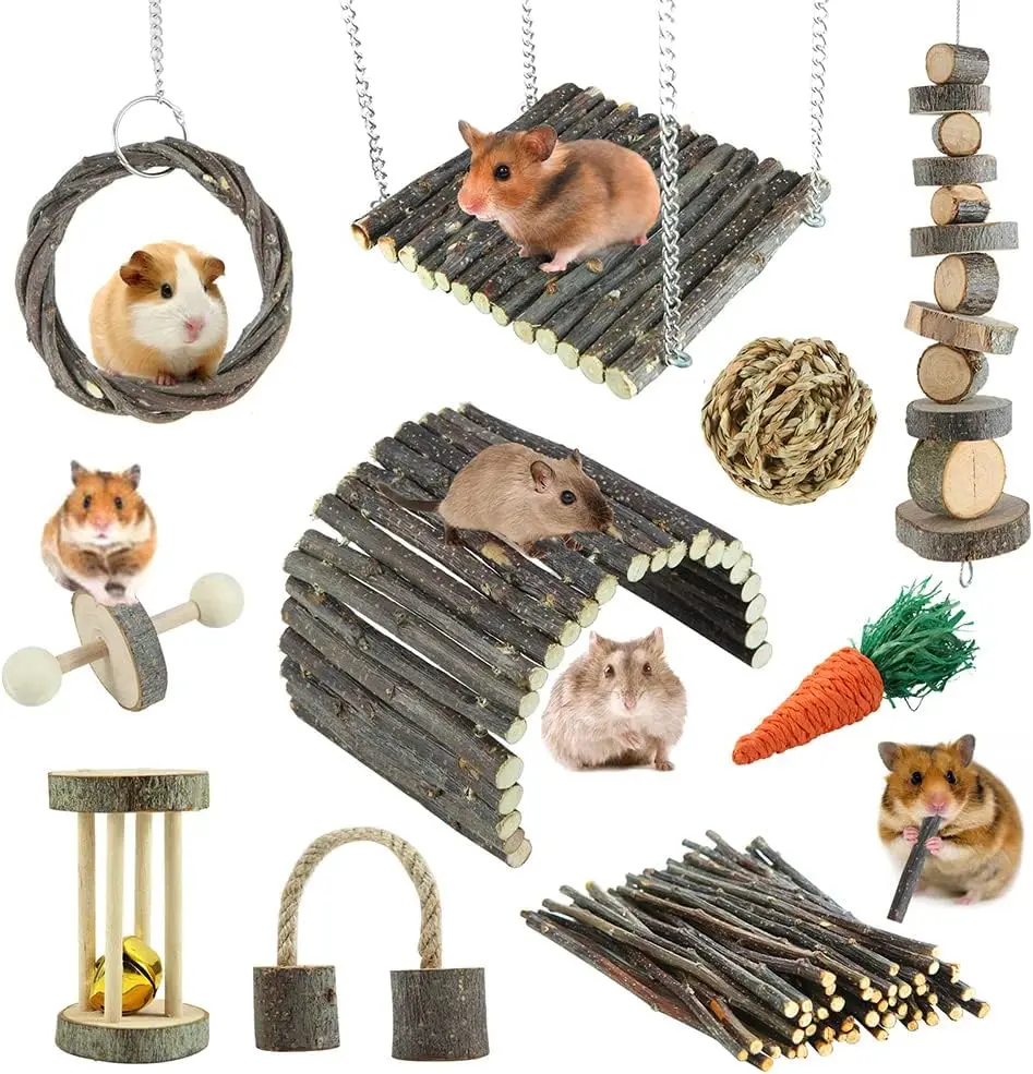 Hamster Chew Toys Cage Accessories with Apple Wood Sticks Ladder Bell Roller for Gerbil Guinea Pigs Small Animals