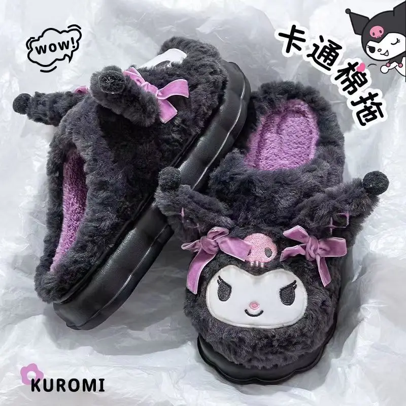 Produk Periferal Kuromi Sandal Katun Untuk Wanita Musim Gugur Dan Musim Dingin Anti Selip Rumahan Sepatu Katun Kartun Lucu Tebal