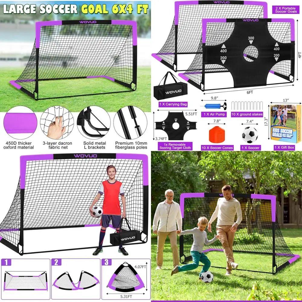 

Портативные футбольные ворота для детей от 3 до 14 лет, 6x4 фута, с тренировочным оборудованием, футбольной мишенью, мячом, конусами и сеткой