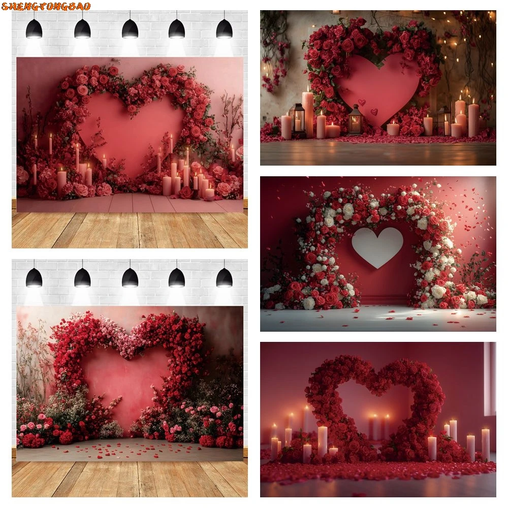 Valentine's Day Photography Background Red Rose Flowers Heart Arch Candles February 14 Sweet Couple Portrait Photocall Backdrop